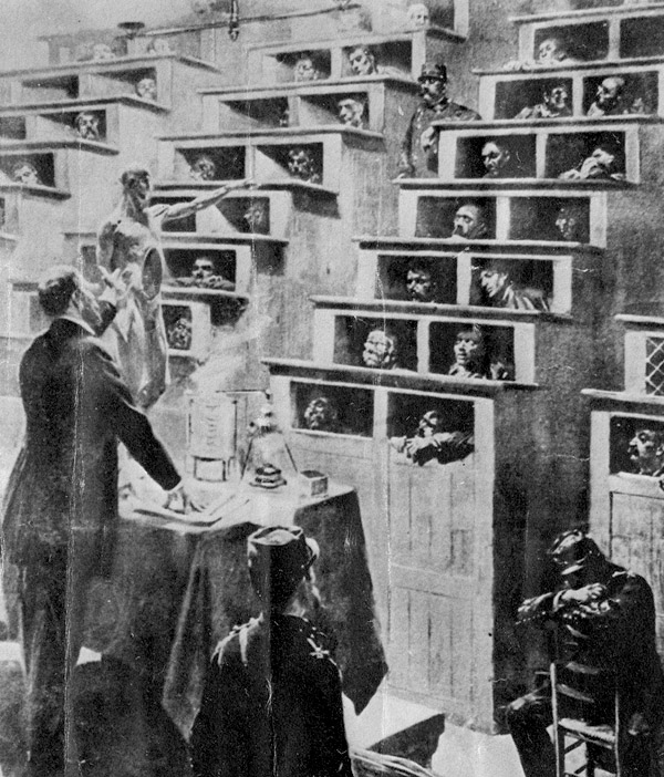 An image of a 19th century French prison where the prisoners are lectured to on the evils of alcoholism. The prisoners are in small body-sized boxed with a hole for their heads. They are stacked up. step-wise, in lecture hall-style.